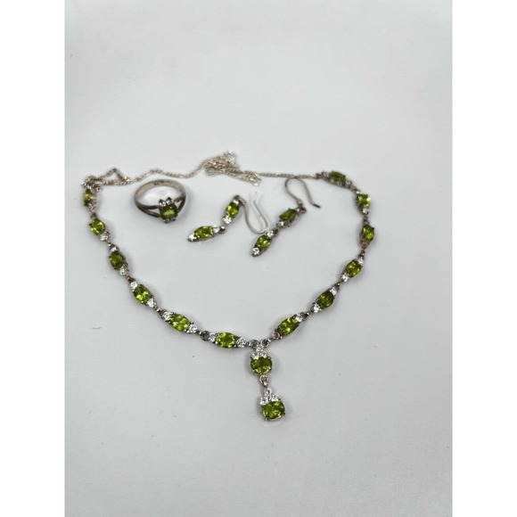 Natural Peridot Gemstone 925 sterling silver Handmade necklace Set Earning Ring - Picture 6 of 10
